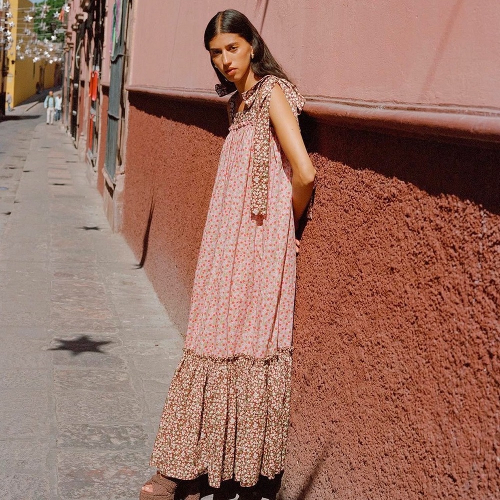 Loeffler Randall Cottagecore Fruit BerriesTie Tank Top Ruffle Maxi Dress Medium